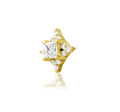 Junipurr Enchant solid 14k gold threadless decorative end with a princess-cut lab-grown diamond centre and surrounding diamond accents, product view.