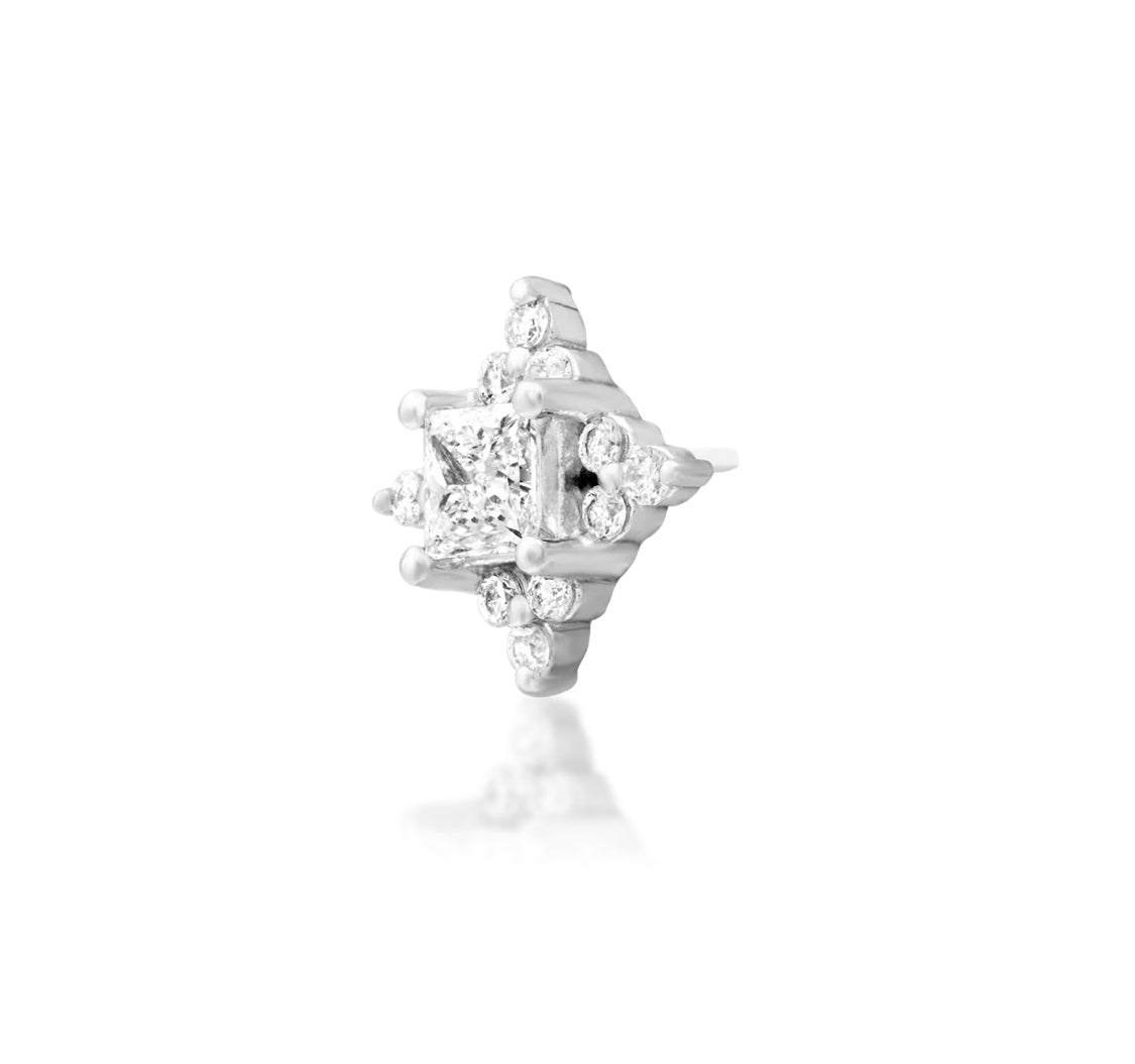 Junipurr Enchant solid 14k white gold princess-cut lab-grown diamond threadless end, angled view.