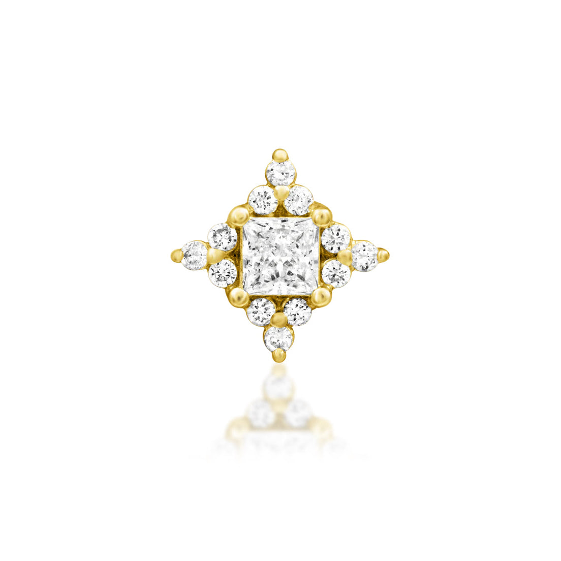 Junipurr Enchant solid 14k yellow gold threadless end with a princess-cut lab-grown diamond centre and diamond accents, front view.