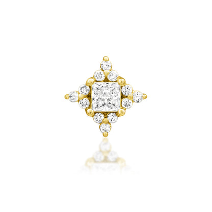 Junipurr Enchant solid 14k yellow gold threadless end with a princess-cut lab-grown diamond centre and diamond accents, front view.
