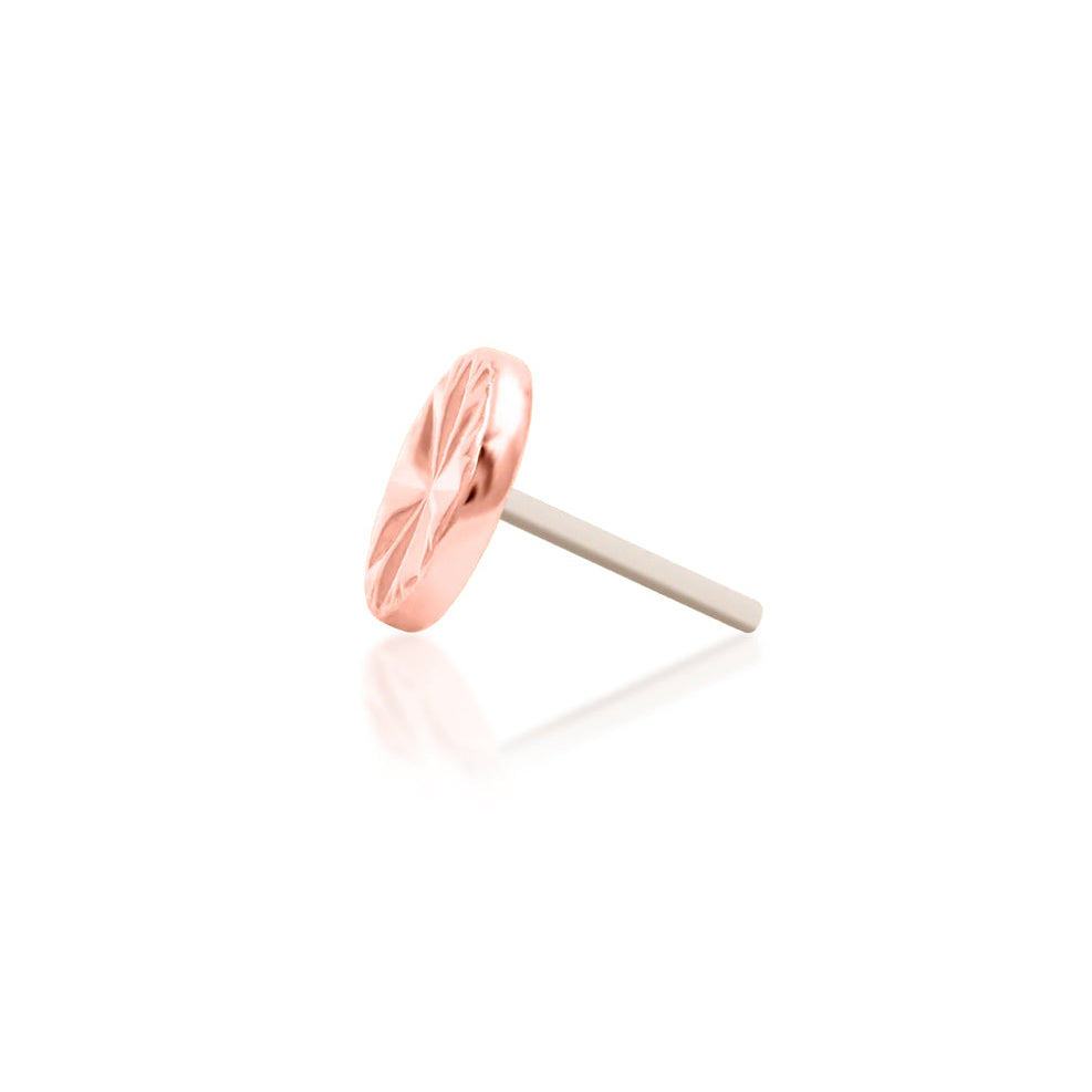 Junipurr Engraved Disk solid 14k rose gold threadless end, side profile.