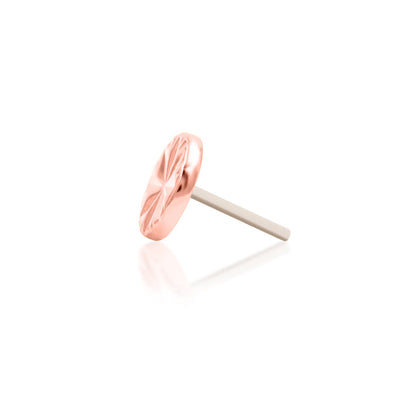 Junipurr Engraved Disk solid 14k rose gold threadless end, side profile.