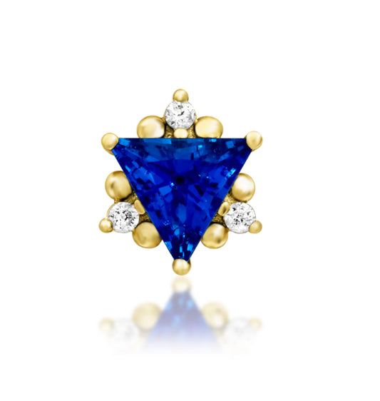 Junipurr Enlee solid 14k gold threadless end with a 4mm Sapphire Blue CZ and White CZ accents, product view.