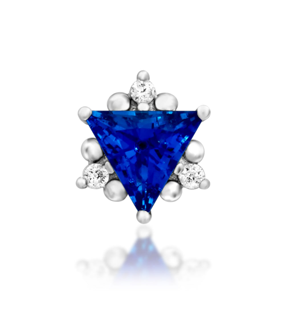 Junipurr Enlee Sapphire Blue CZ and White CZ threadless decorative end in solid 14k gold, product view.