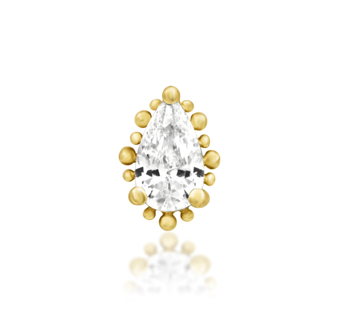 Junipurr Ennvi solid 14k gold threadless end with a teardrop-shaped diamond and polished beaded halo, product view.