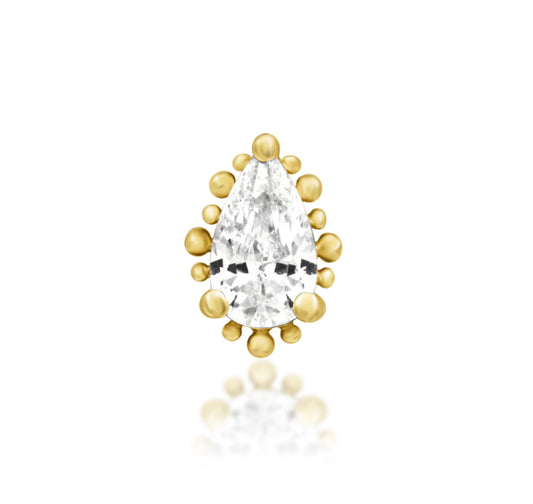 Junipurr Ennvi solid 14k gold threadless end with a teardrop-shaped diamond and polished beaded halo, product view.