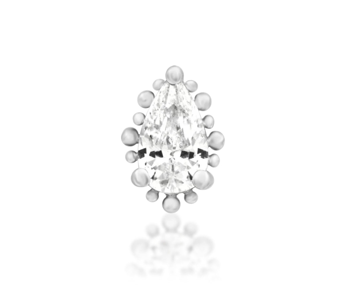 Junipurr Ennvi teardrop diamond threadless decorative end with a solid-gold bead frame, product view.