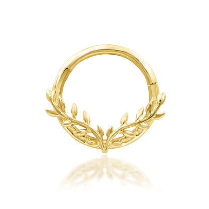 Junipurr Everleigh solid 14k yellow gold sculptural clicker ring, front view.