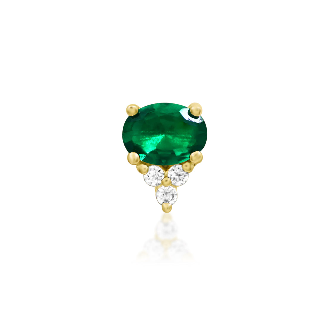 Junipurr Fahey yellow gold Emerald Green CZ Threadless Decorative End, front view.