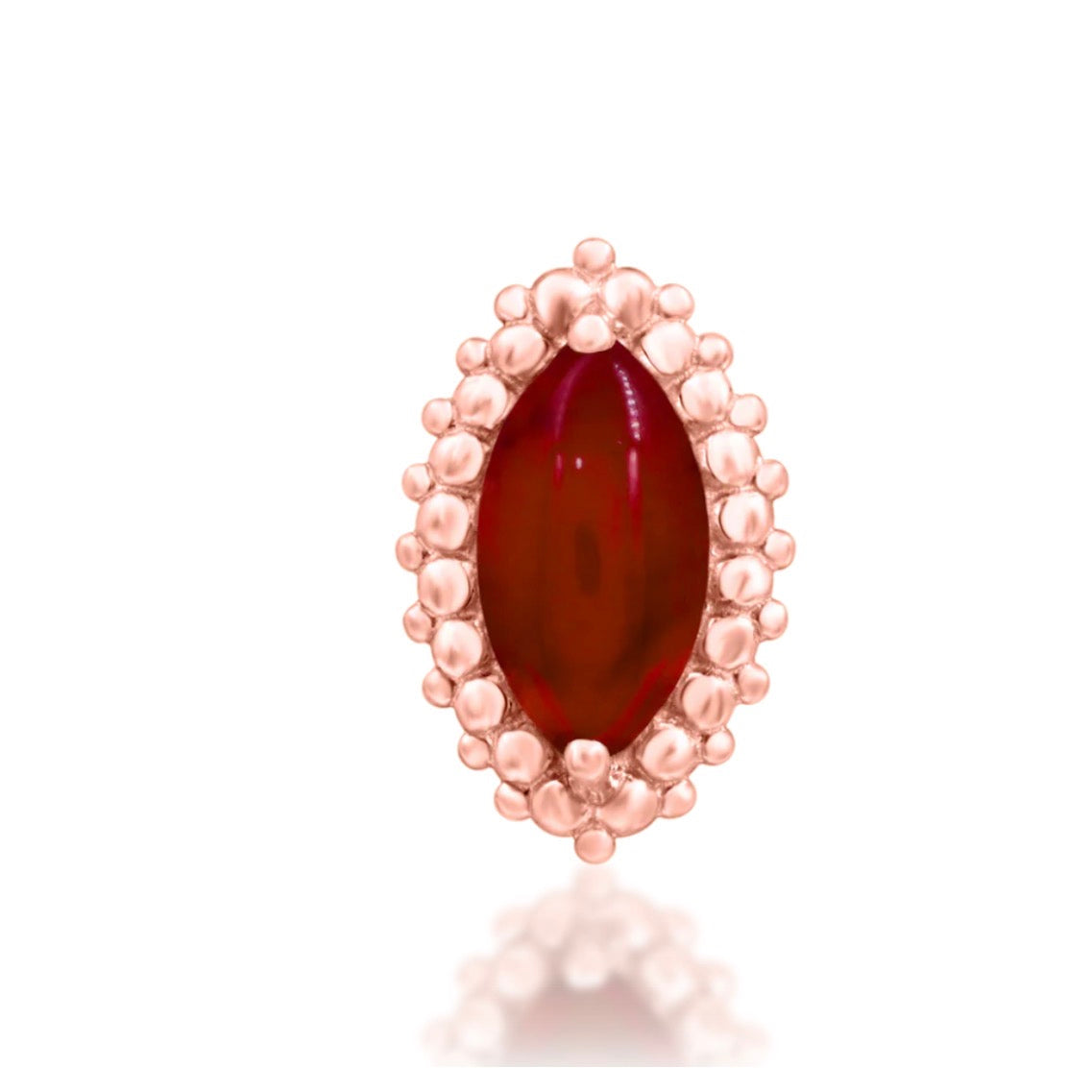 Junipurr Fernley solid 14k rose gold threadless end with genuine Carnelian in a beaded setting, front view.