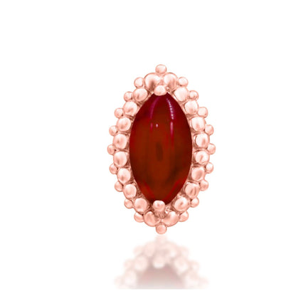Junipurr Fernley solid 14k rose gold threadless end with genuine Carnelian in a beaded setting, front view.