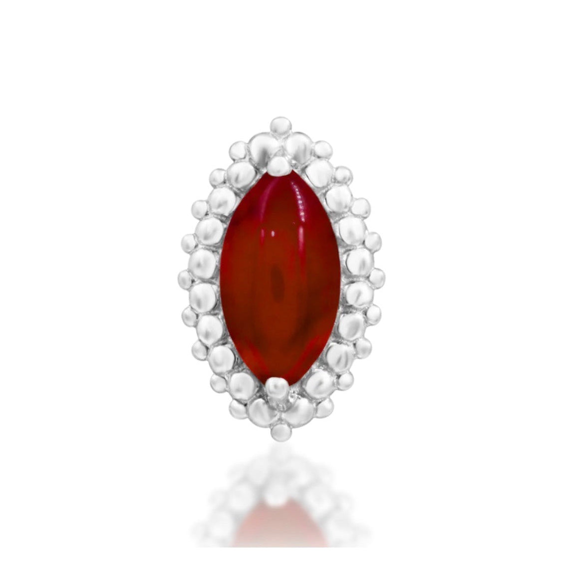 Junipurr Fernley solid 14k white gold threadless end with genuine Carnelian in a beaded setting, front view.