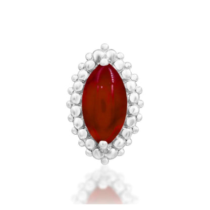 Junipurr Fernley solid 14k white gold threadless end with genuine Carnelian in a beaded setting, front view.