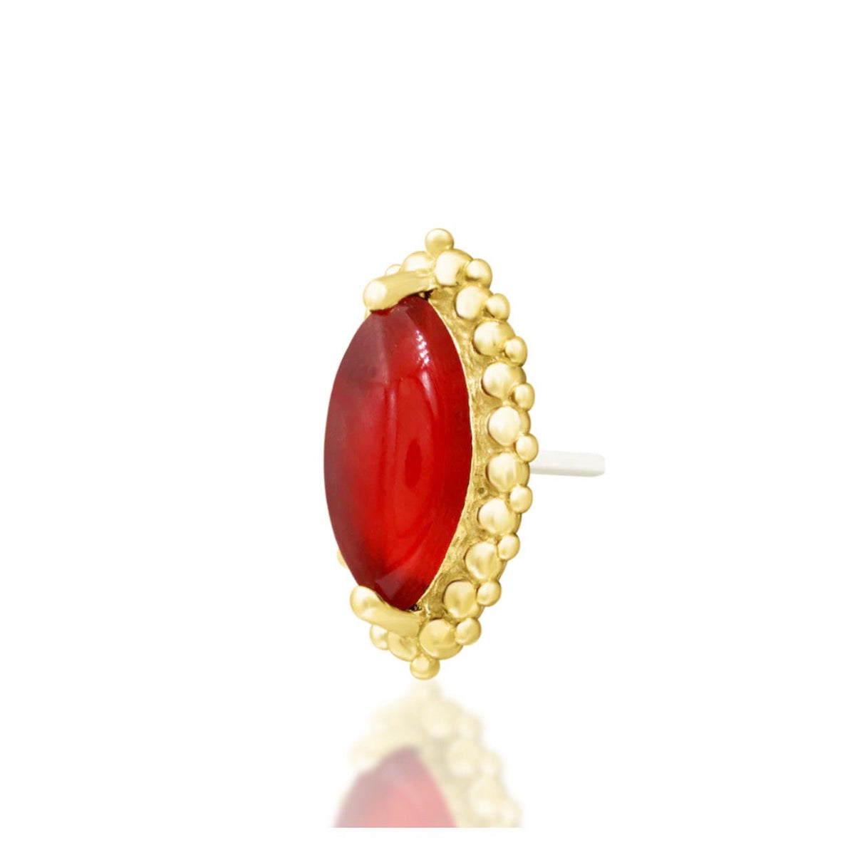 Junipurr Fernley solid 14k yellow gold Carnelian beaded threadless end, angled view.