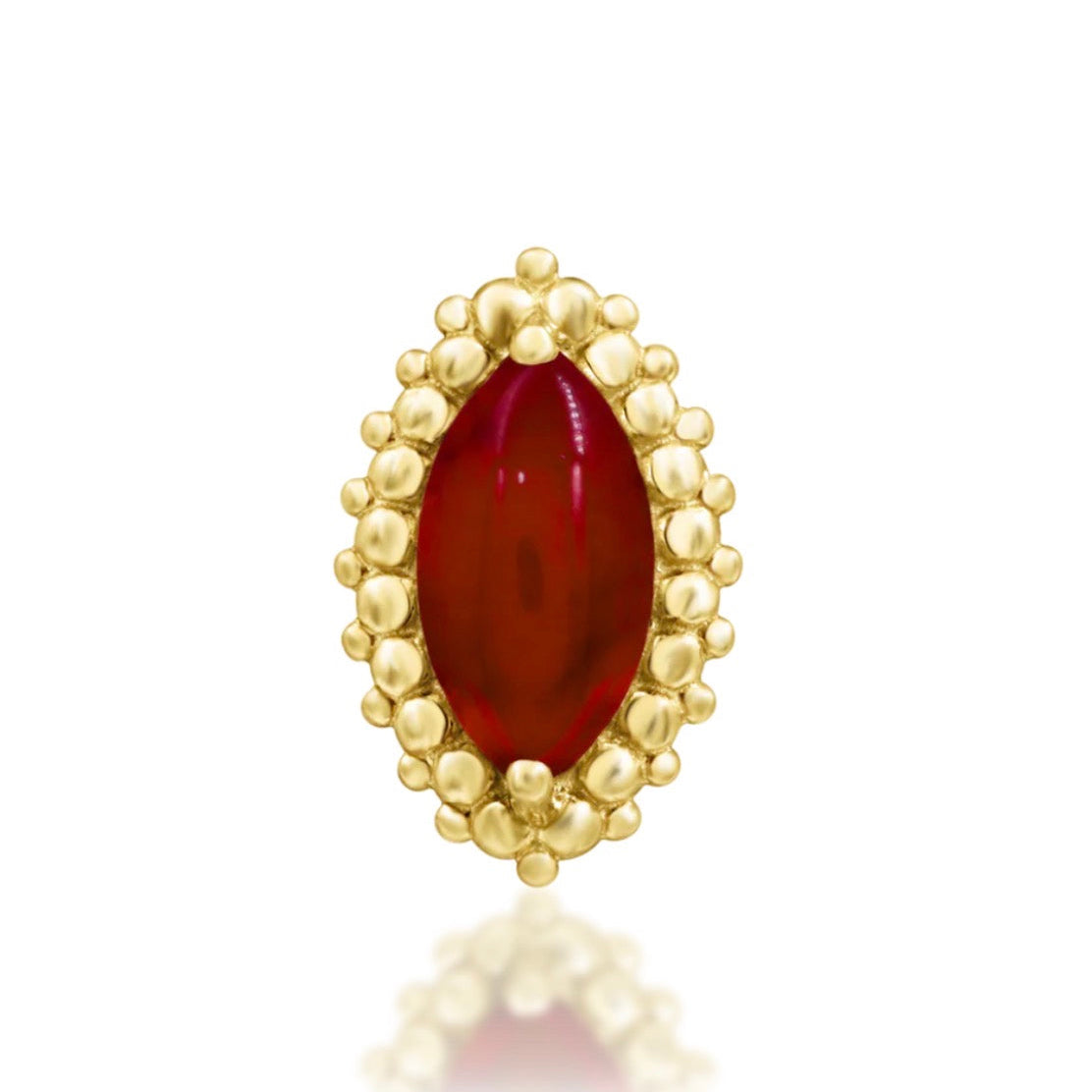 Junipurr Fernley solid 14k yellow gold threadless end with genuine Carnelian in a beaded setting, front view.