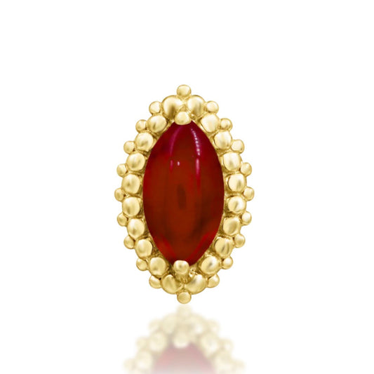 Junipurr Fernley solid 14k yellow gold threadless end with genuine Carnelian in a beaded setting, front view.