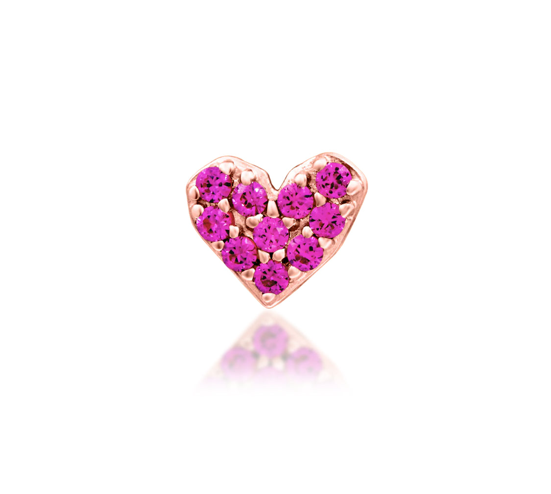 Junipurr First Love solid 14k rose gold Pink CZ heart threadless end, front view.