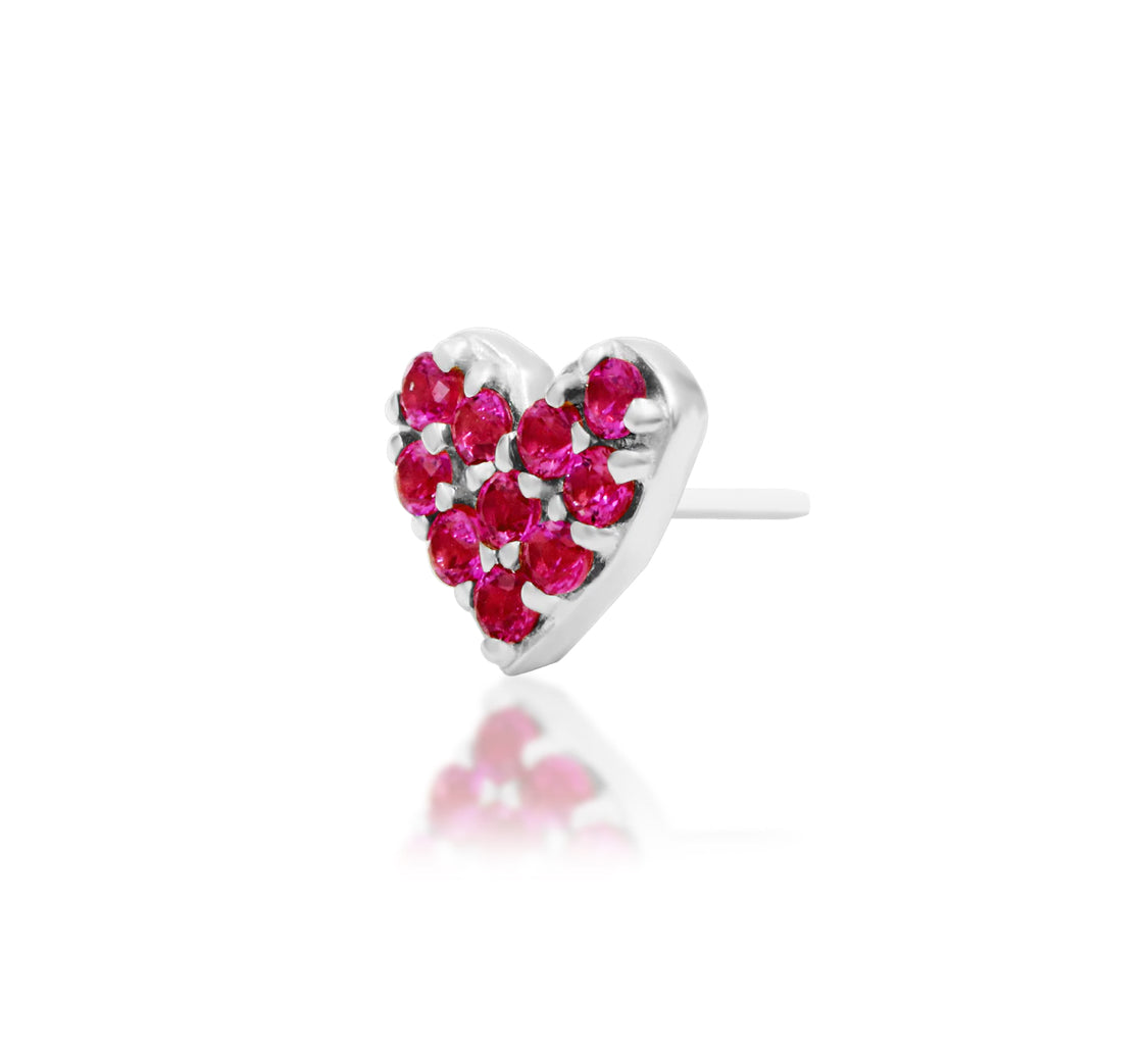 Junipurr First Love solid 14k white gold Pink CZ heart threadless end, angled view.