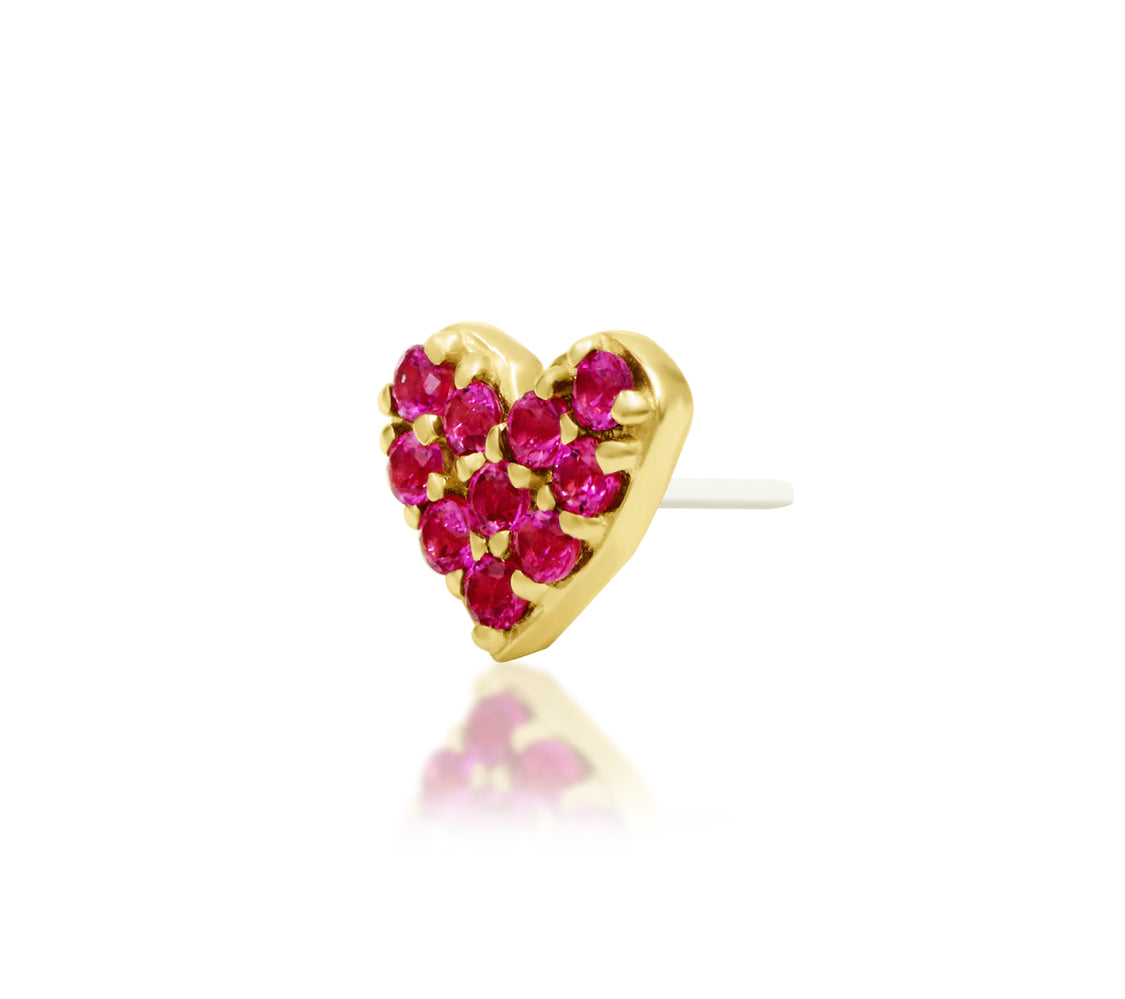 Junipurr First Love solid 14k yellow gold Pink CZ heart threadless end, angled view.