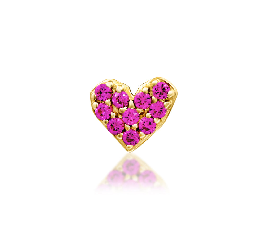 Junipurr First Love solid 14k yellow gold Pink CZ heart threadless end, front view.