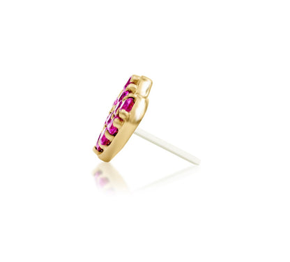 Junipurr First Love solid 14k yellow gold Pink CZ heart threadless end, side profile.