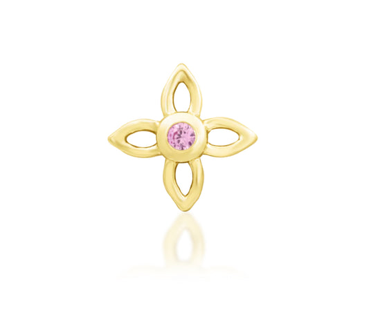 Junipurr Fleur solid 14k gold four-petal flower threadless end with Pink CZ.