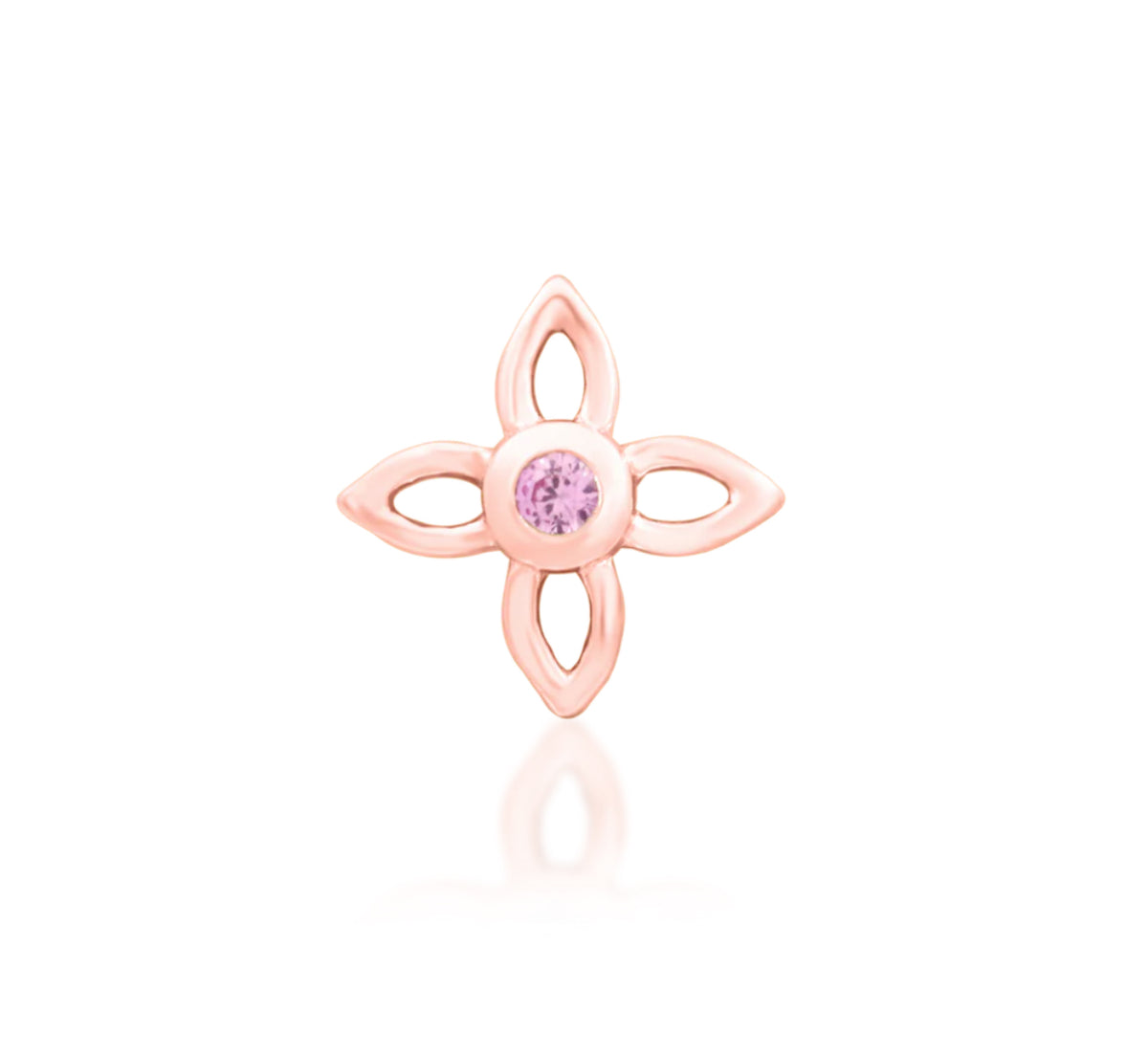 Junipurr Fleur solid gold botanical threadless end with 1mm Pink CZ.