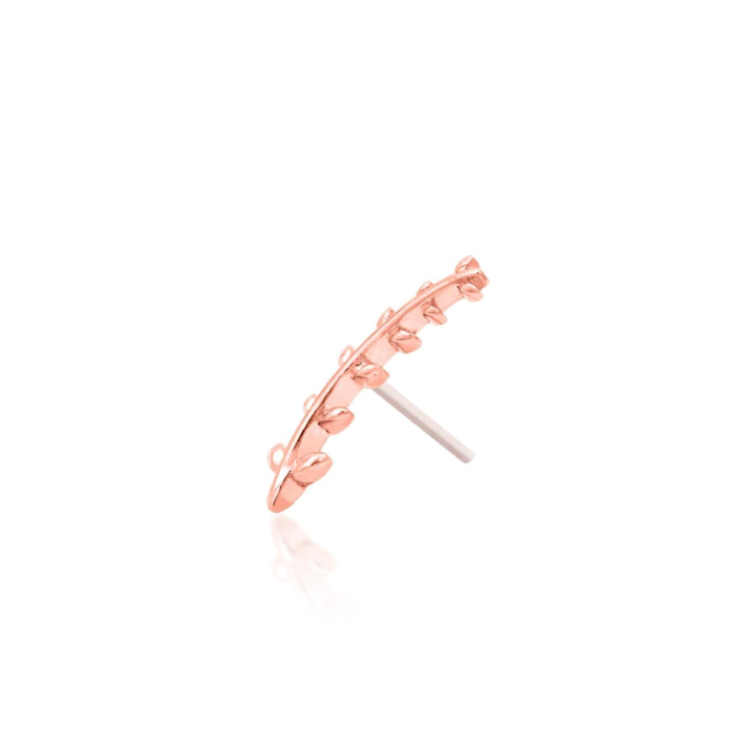 Junipurr Florence solid 14k rose gold fern-leaf threadless end, angled view.