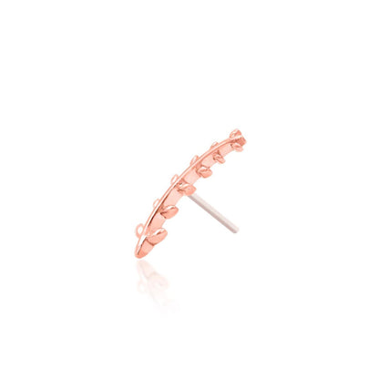 Junipurr Florence solid 14k rose gold fern-leaf threadless end, angled view.
