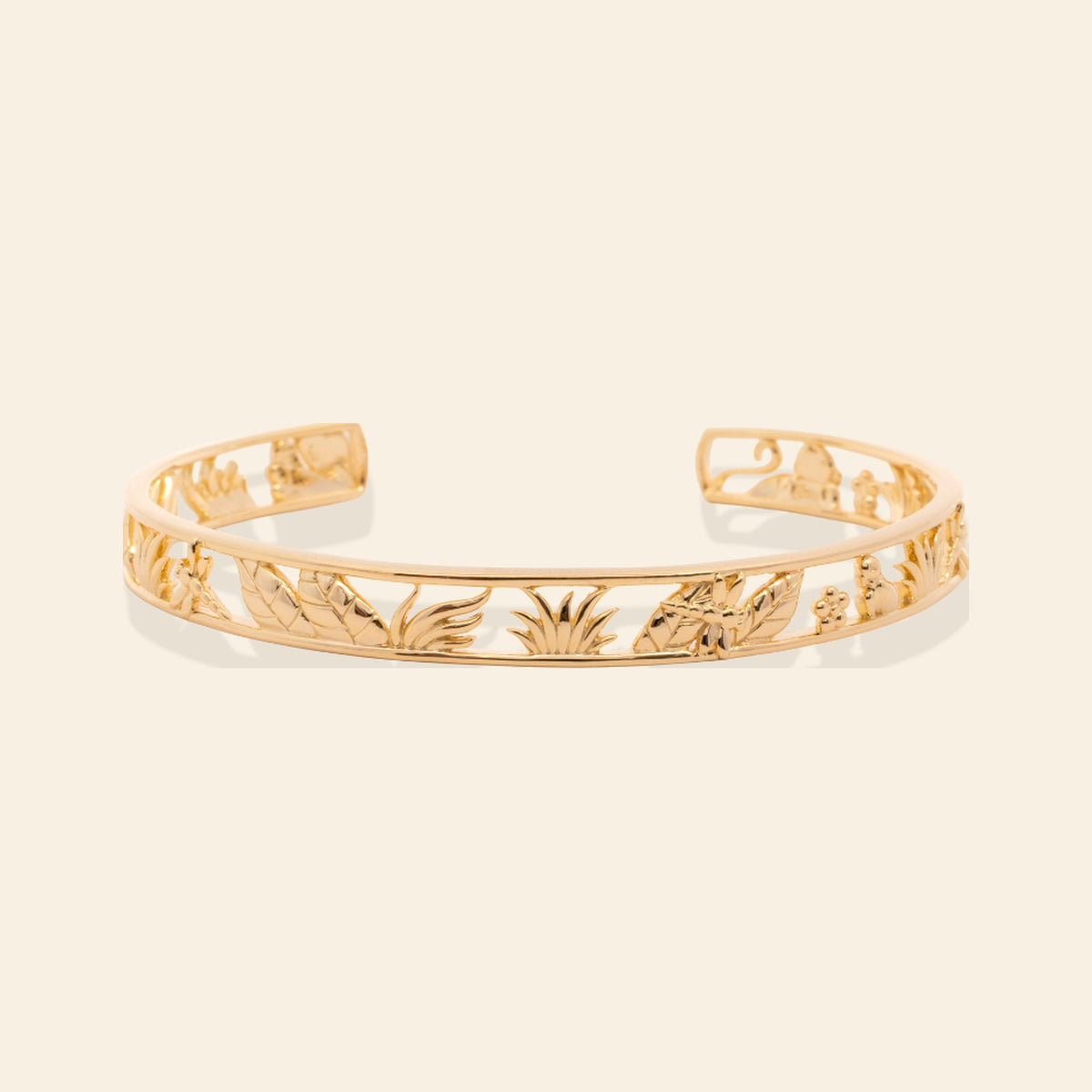 Junipurr x Frida Kahlo El Jardin in 14k yellow gold vermeil, botanical open cuff bracelet, front product view