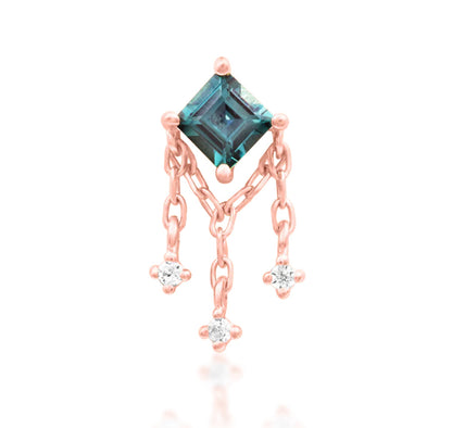 Junipurr Gari solid 14k rose gold chain threadless end with lab-grown Alexandrite and White CZ, product view.