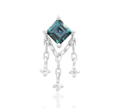 Junipurr Gari solid 14k white gold chain threadless end with lab-grown Alexandrite and White CZ, product view.