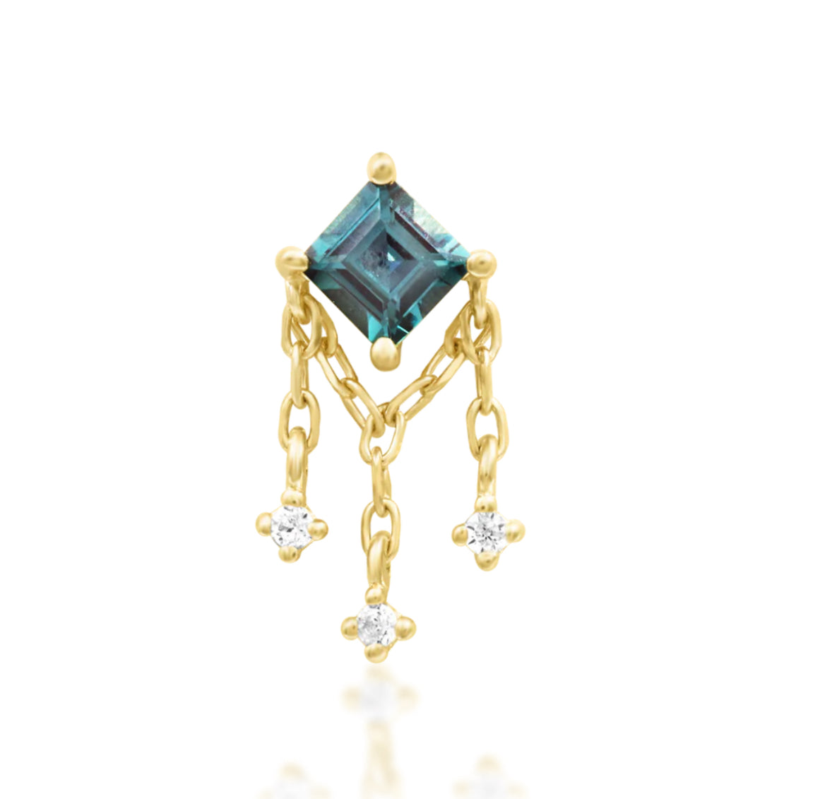 Junipurr Gari solid 14k yellow gold chain threadless end with lab-grown Alexandrite and White CZ, product view.