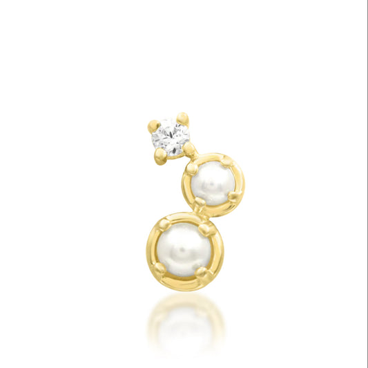 Junipurr Gatsby solid 14k yellow gold pearl and White CZ threadless decorative end, front view.