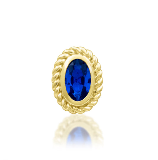 Junipurr Genevive solid 14k gold oval sapphire threadless end with rope-style border, product view.