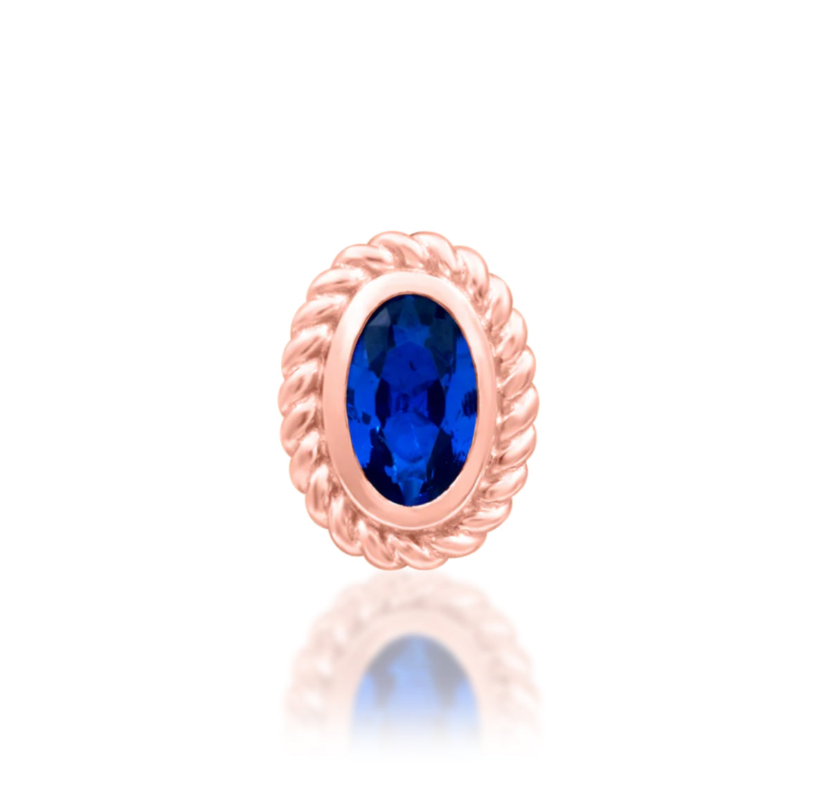 Junipurr Genevive solid 14k gold oval sapphire decorative end with textured gold framing.