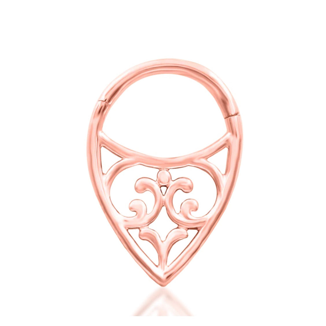 Front view of Junipurr Georgia filigree threadless end in 14k rose gold.