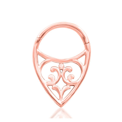 Front view of Junipurr Georgia filigree threadless end in 14k rose gold.