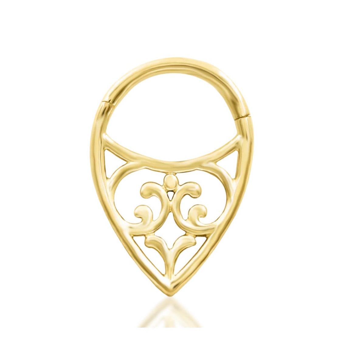 Front view of Junipurr Georgia filigree threadless end in 14k yellow gold.