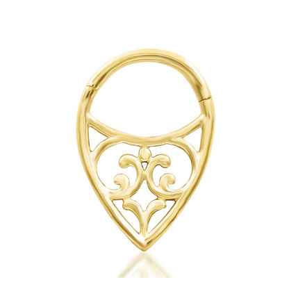 Front view of Junipurr Georgia filigree threadless end in 14k yellow gold.