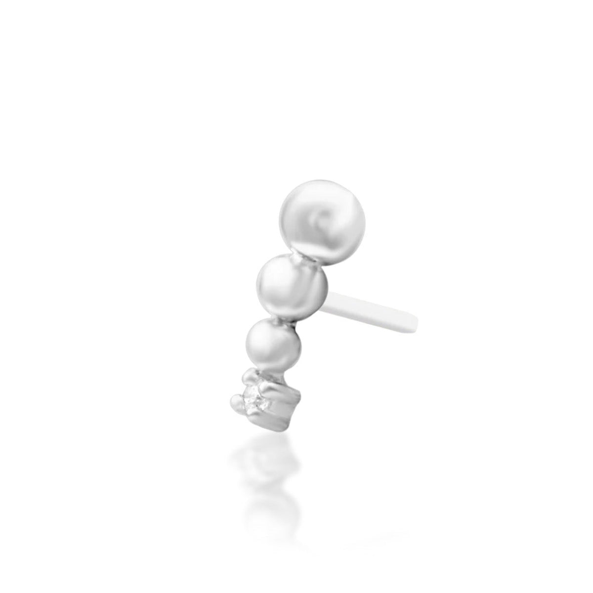 Junipurr Glo solid 14k white gold curved White CZ threadless end, side profile.