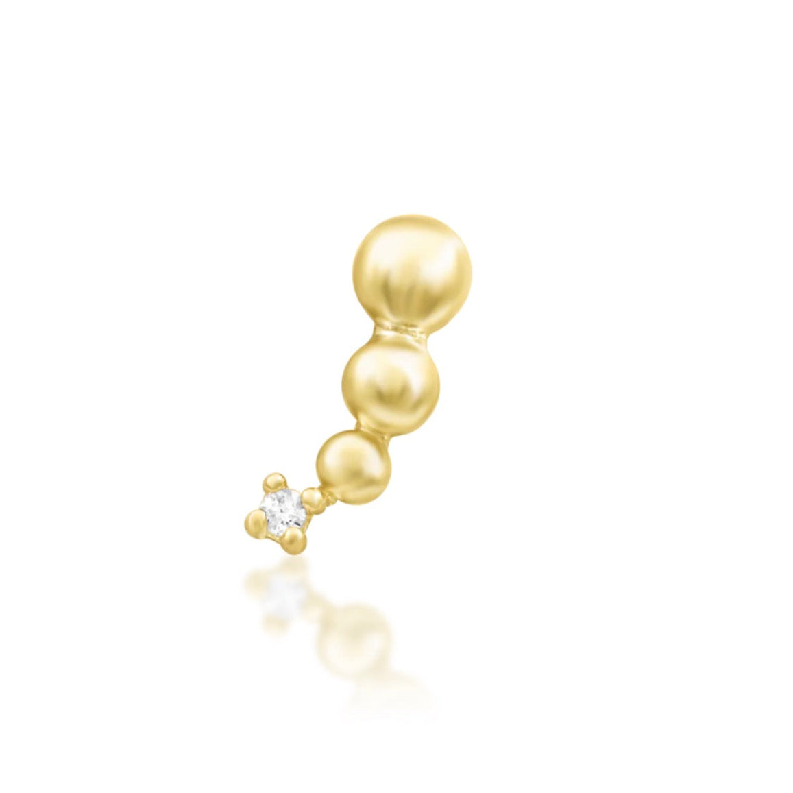 Junipurr Glo solid 14k yellow gold curved White CZ threadless end, angled view.
