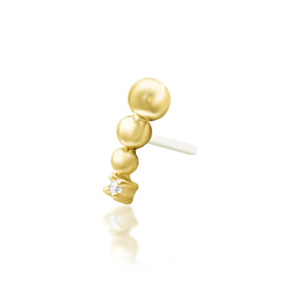 Junipurr Glo solid 14k yellow gold curved White CZ threadless end, side profile.