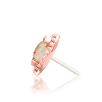 Junipurr Glorie solid 14k rose gold marquise Sunstone threadless end, angled view.