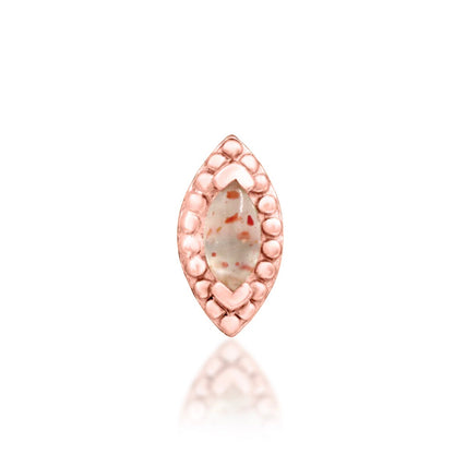 Junipurr Glorie solid 14k rose gold threadless end with a marquise Sunstone, front view.