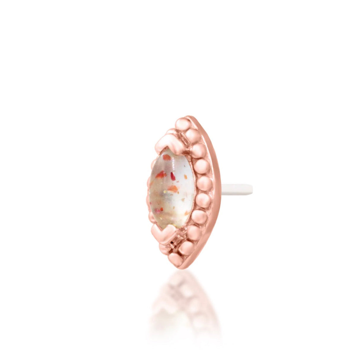 Junipurr Glorie solid 14k rose gold marquise Sunstone threadless end, side profile.