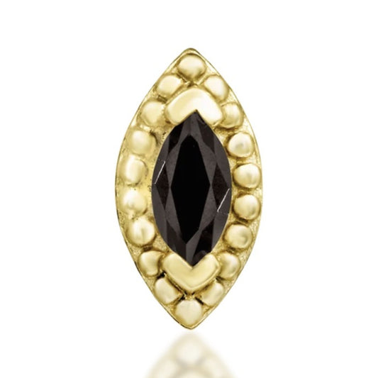 Junipurr Glorie solid 14k yellow gold threadless end with marquise smoky quartz, front view