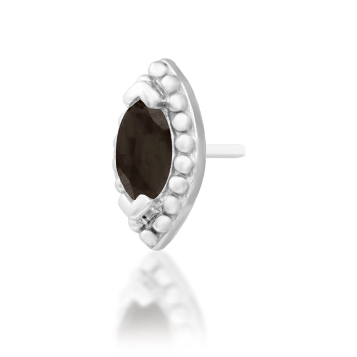 Junipurr Glorie white gold end with a dark marquise smoky quartz stone and beaded border, shown at an angle.