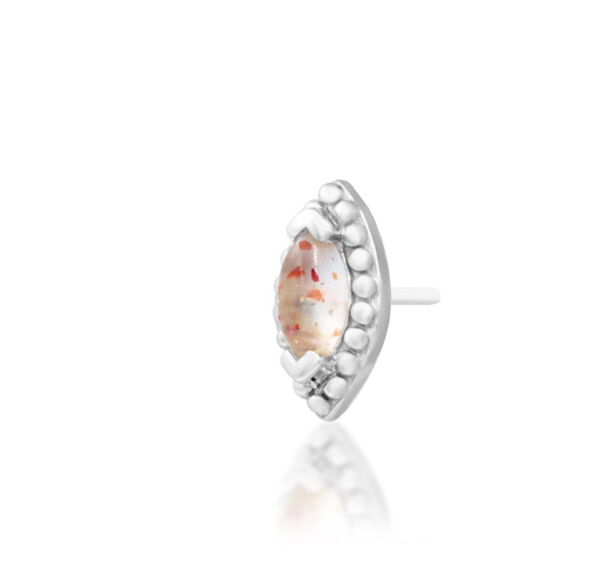 Junipurr Glorie solid 14k white gold marquise Sunstone threadless end, angled view.