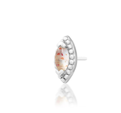 Junipurr Glorie solid 14k white gold marquise Sunstone threadless end, angled view.